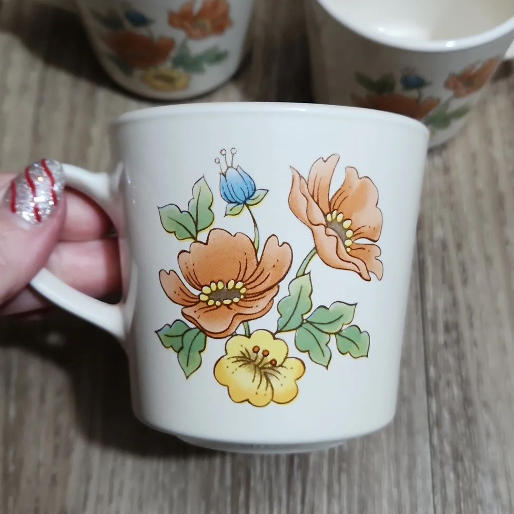 70's Corning Cornerstone Vintage Royal Garden 6 Piece Ceramic Mug Set Floral VTG